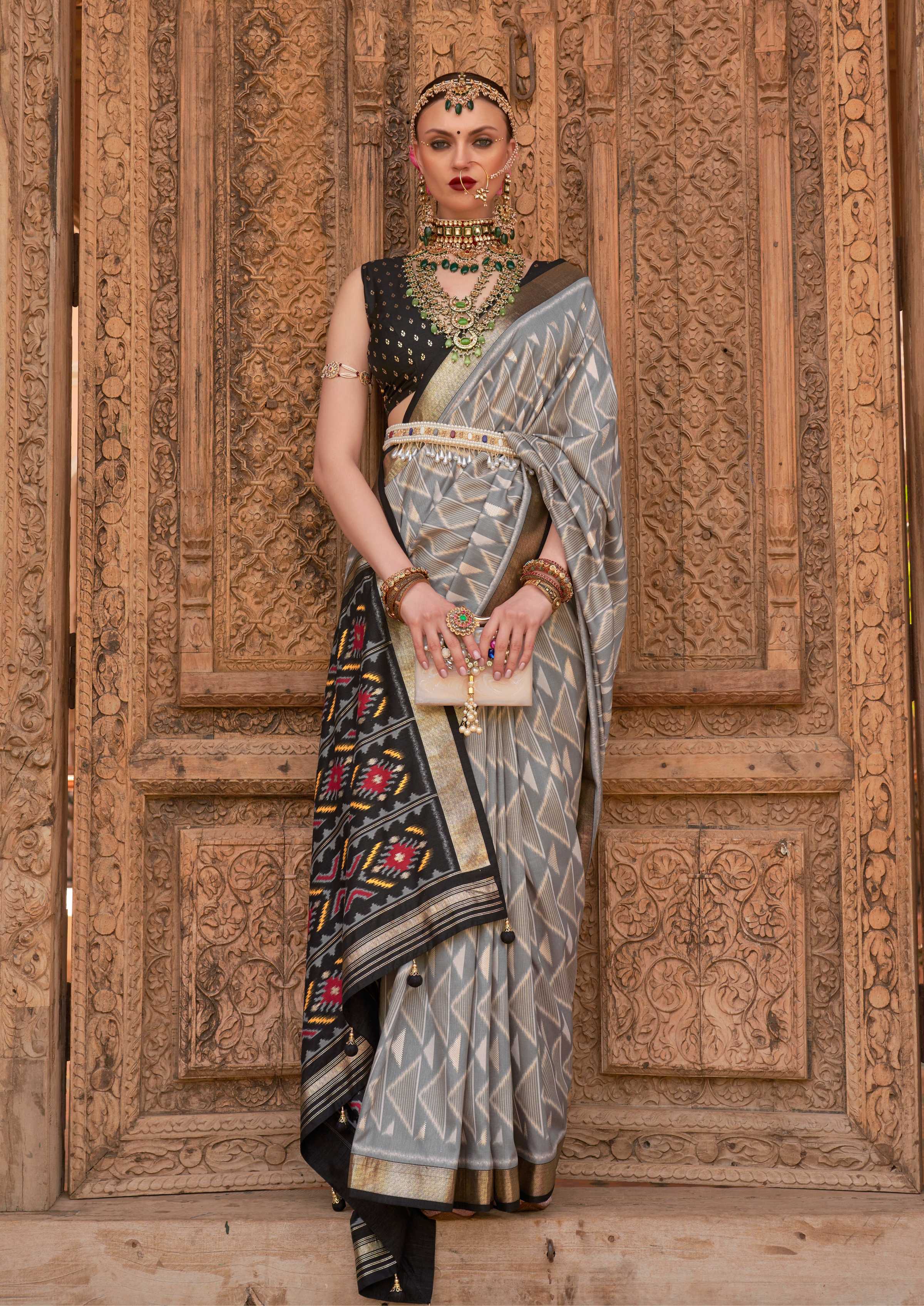 Monjolika Fashion Light Grey Color Patola Silk Weaving Work Saree With Blouse