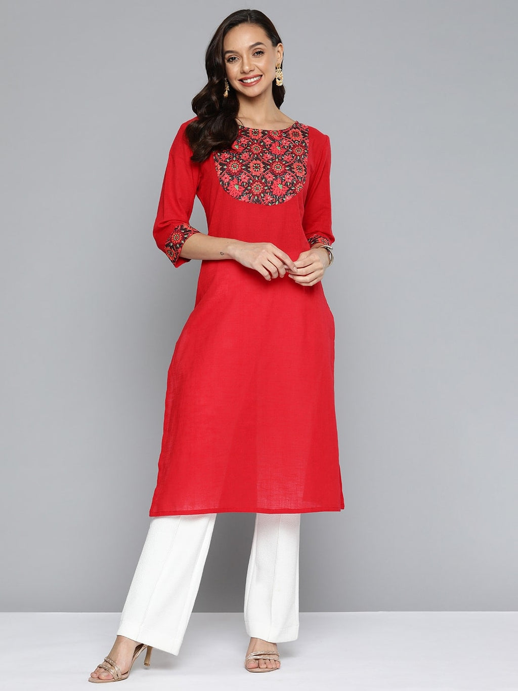 HERE&NOW Women Red & Black Yoke Design Pure Cotton Kurta