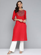 HERE&NOW Women Red & Black Yoke Design Pure Cotton Kurta