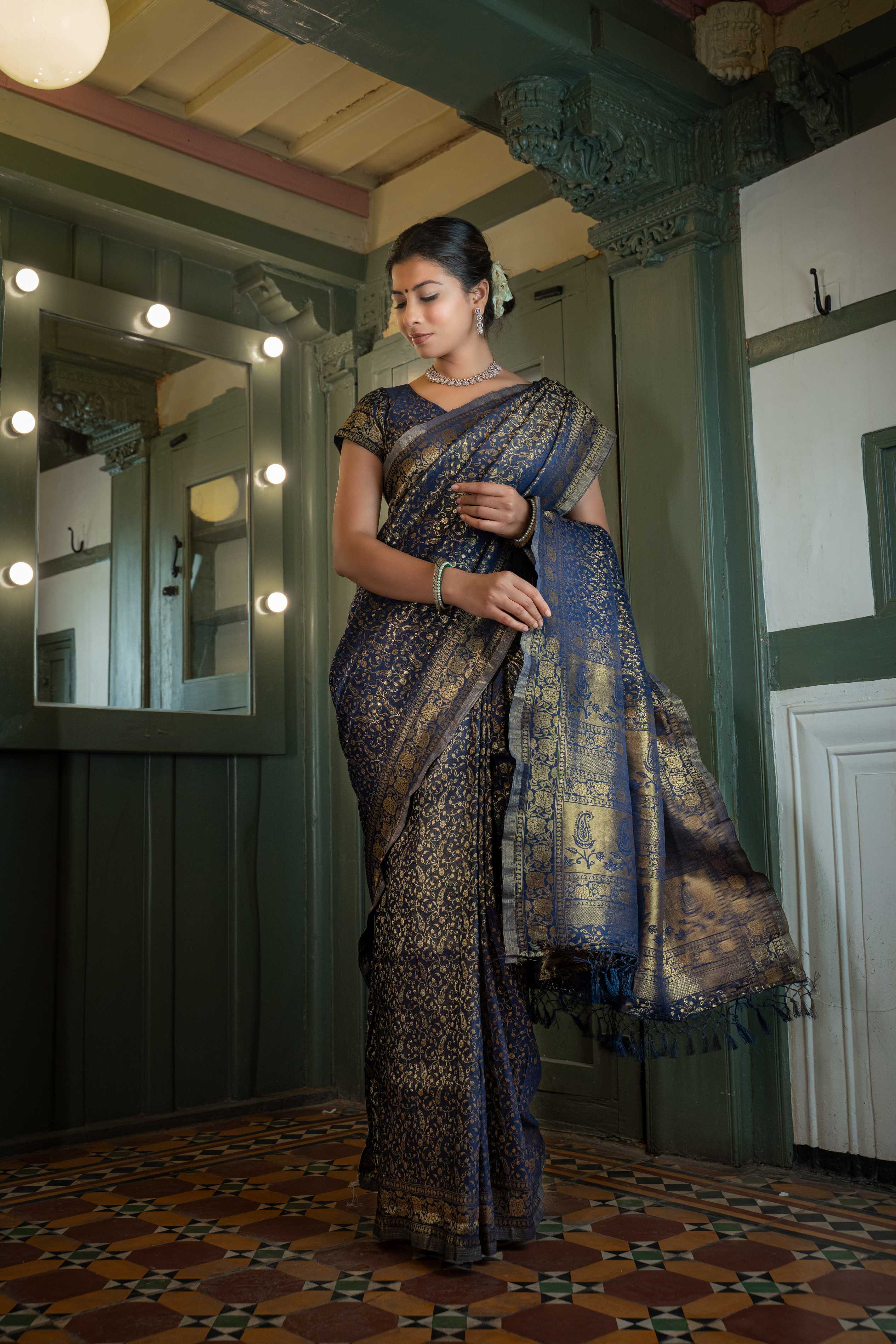 Vardha Midnight Blue Golden Zari Banarasi Satin Silk Saree