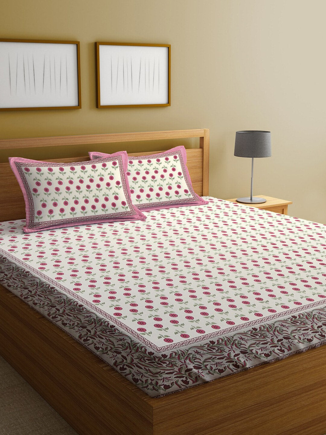 Rajasthan Decor White & Pink Ethnic Motifs 144 TC King Bedsheet with 2 Pillow Covers