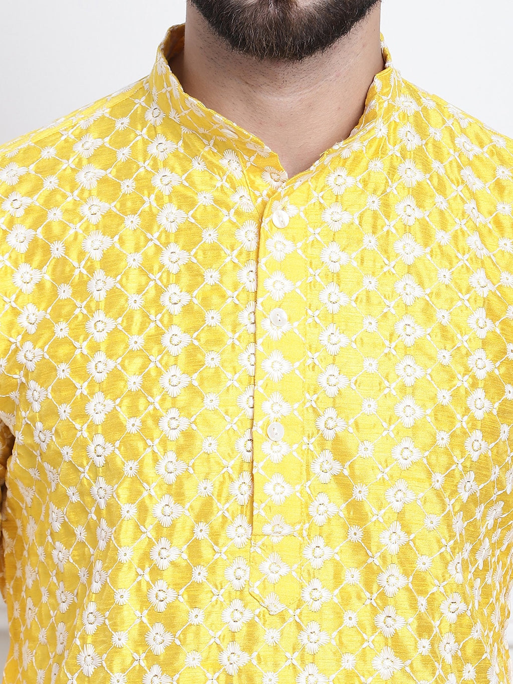 Sojanya Men Yellow & White Ethnic Motifs Embroidered Straight Kurta