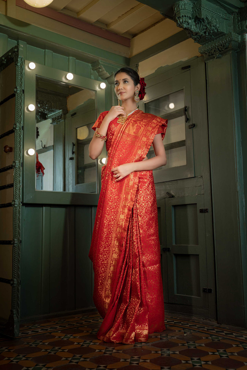 Vardha Light Red Golden Zari Banarasi Satin Silk Saree
