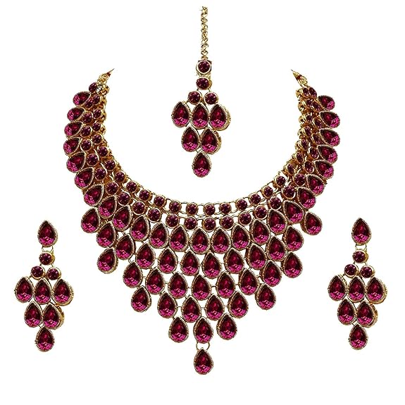Tehzeeb Creations Designer Gold-Polished Elegant Stone Necklace Set For Women & Girls