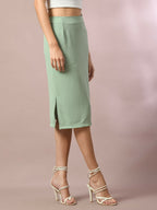 Myshka Women's Sea Green Solid Knee Length Party Embellished Skirts