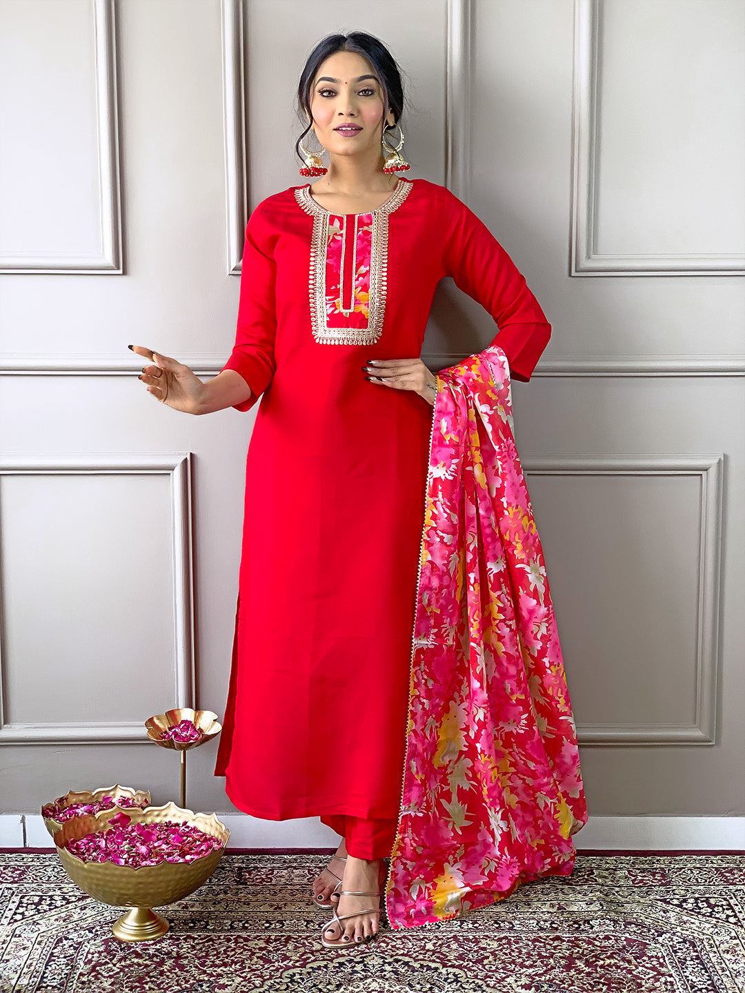 The52 Women's Rayon Fabric Straight Kurta, Pant and Dupatta Set - Distacart