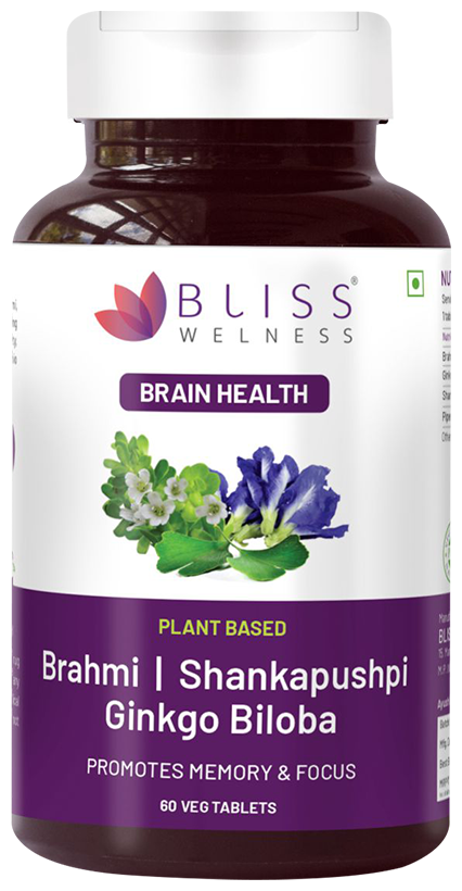 Bliss Welness Brain Health Brahmi + Shankapushpi Ginkgo Biloba Veg Tablet