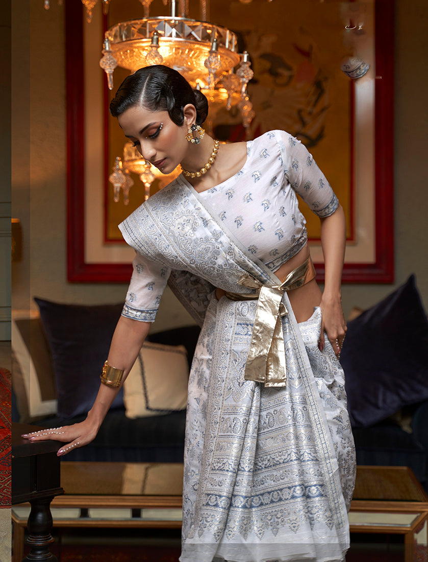 Monjolika Fashion Off White Color Silk Weaving Work Traditonal Saree