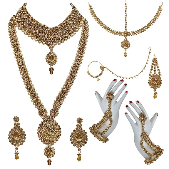 Tehzeeb Creations Bridal Dulhan Designer Gold-Polished Gold Color Pearl Stone Set 9 pcs. for Women & Girls