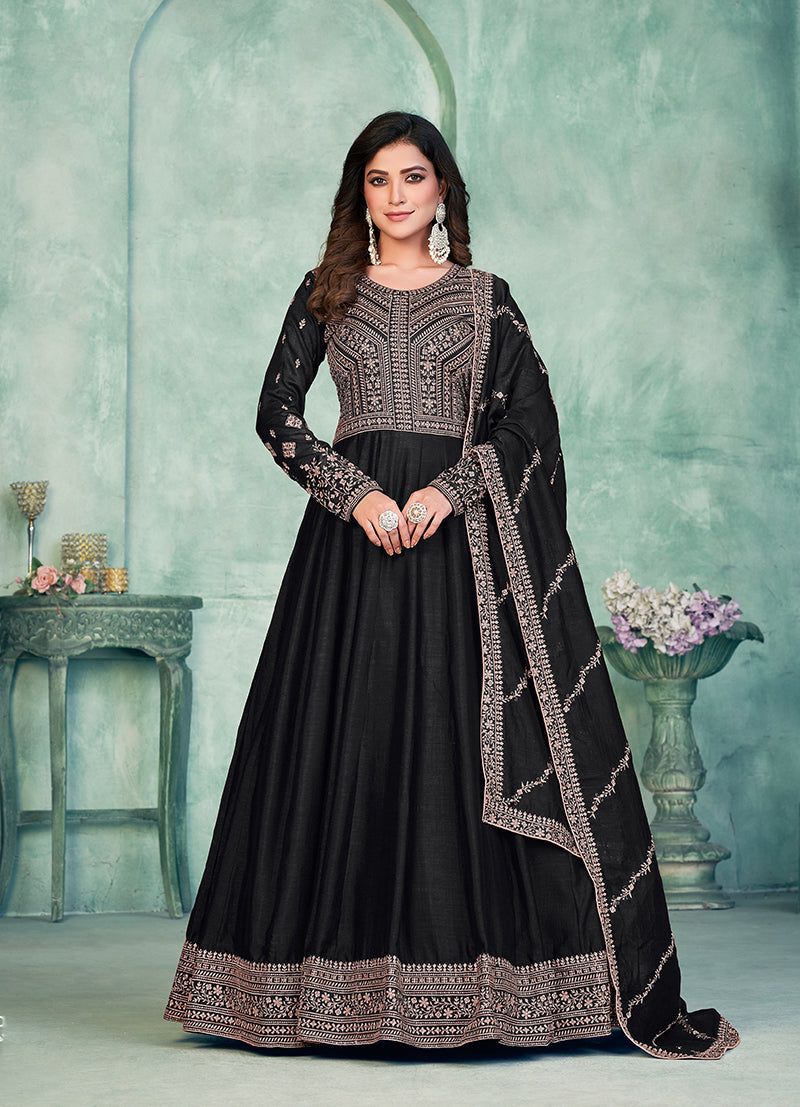 Monjolika Fashion Black Color Embroidered Art Silk Designer Anarkali Salwar Suit - Distacart