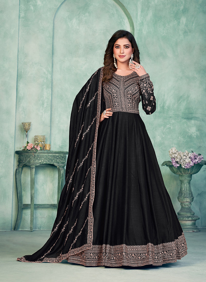 Monjolika Fashion Black Color Embroidered Art Silk Designer Anarkali Salwar Suit - Distacart