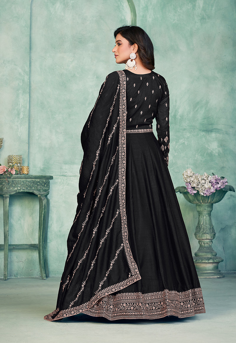 Monjolika Fashion Black Color Embroidered Art Silk Designer Anarkali Salwar Suit - Distacart