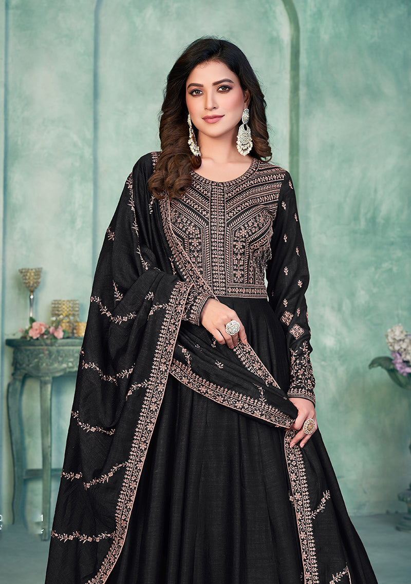 Monjolika Fashion Black Color Embroidered Art Silk Designer Anarkali Salwar Suit - Distacart