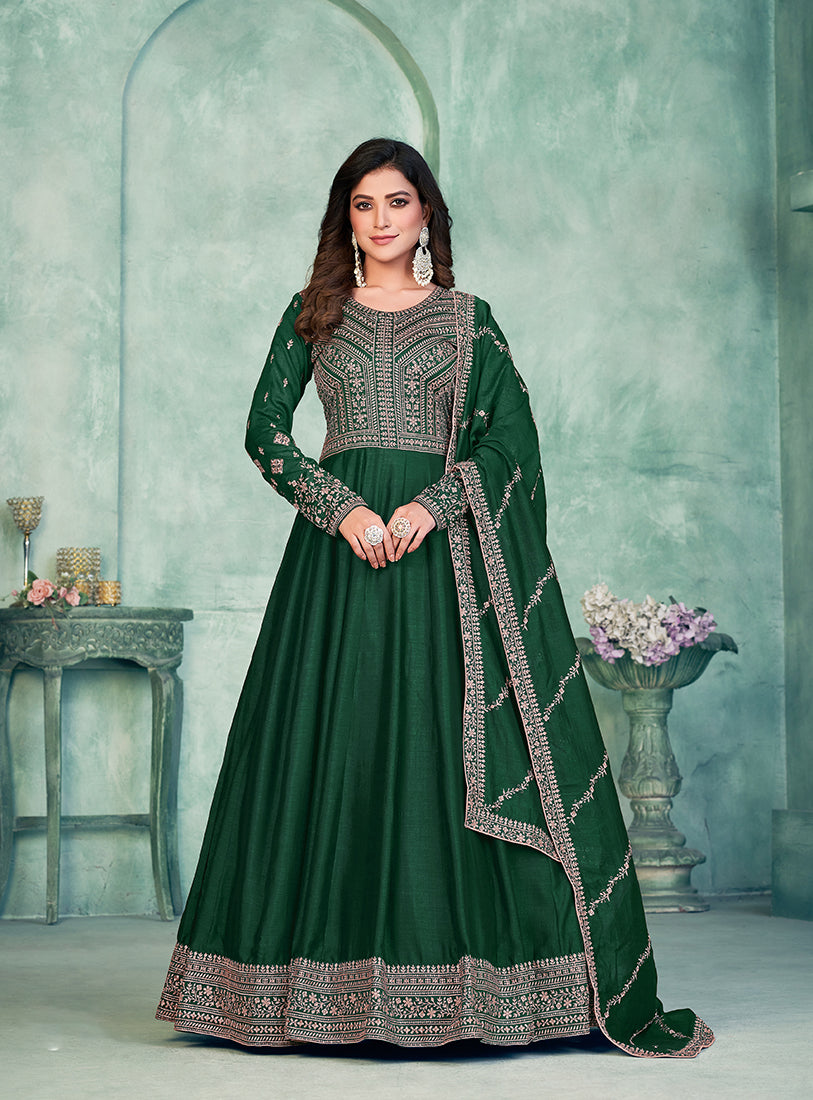 Monjolika Fashion Dark Green Color Embroidered Art Silk Designer Anarkali Salwar Suit - Distacart