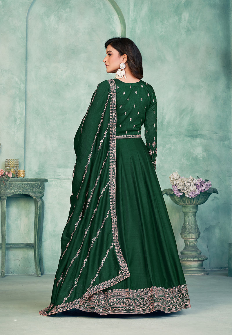 Monjolika Fashion Dark Green Color Embroidered Art Silk Designer Anarkali Salwar Suit - Distacart