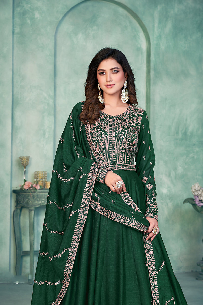 Monjolika Fashion Dark Green Color Embroidered Art Silk Designer Anarkali Salwar Suit - Distacart
