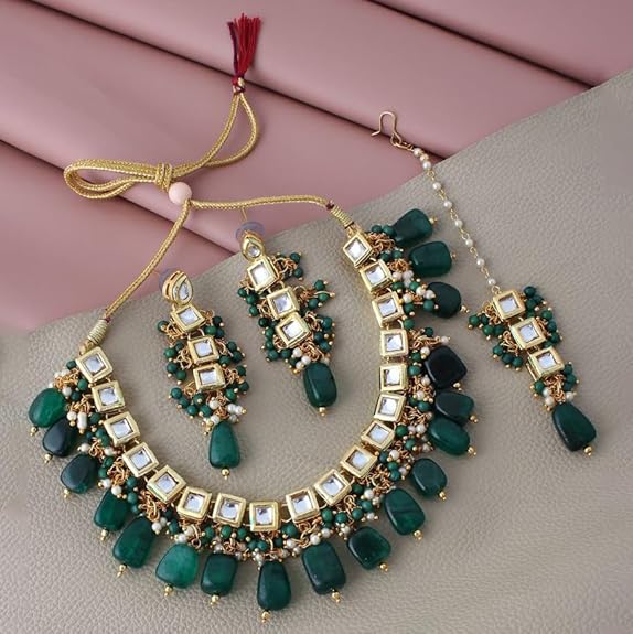 Tehzeeb Creations Back Meenakari Gold-Polished Square Shape Tika Earring Jewellery Set Uncut Kundan Big Faux Kundan Dibbi Kundan Choker Necklace Set