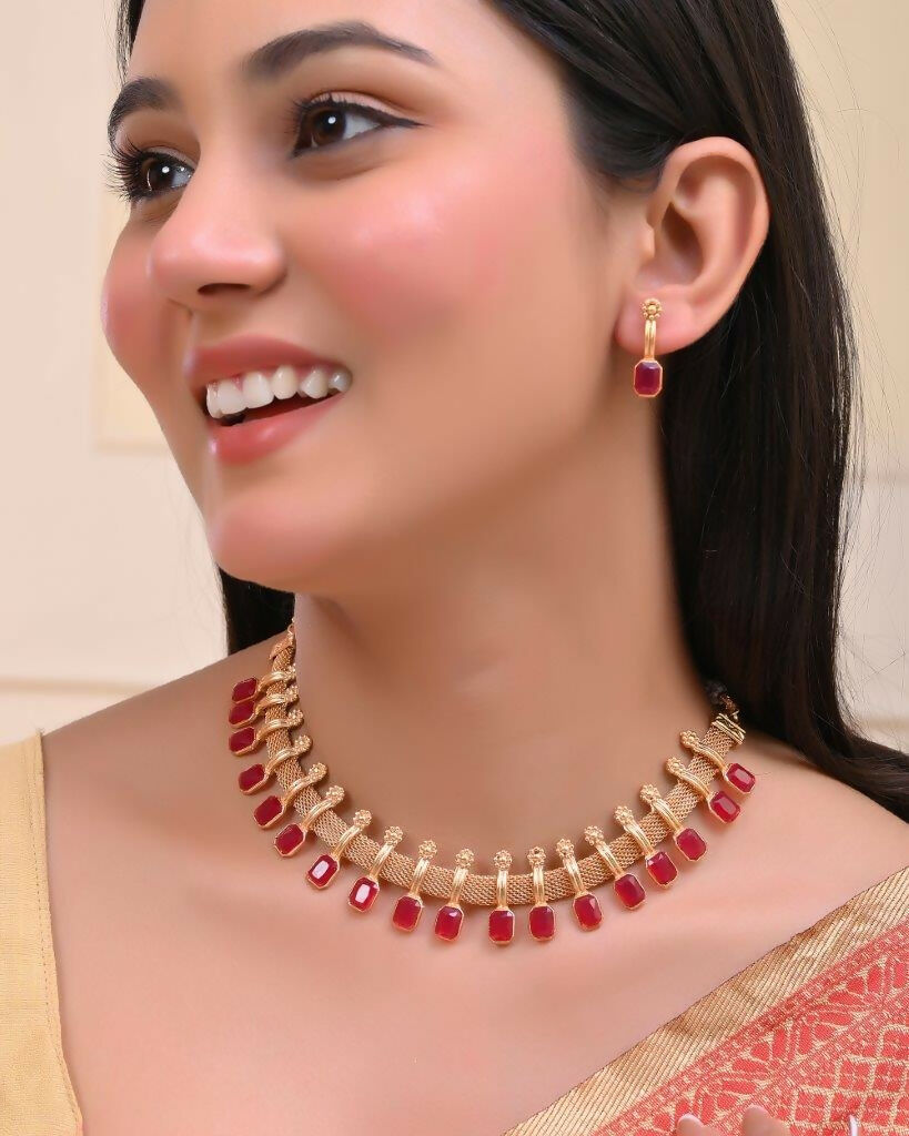 VOJ Gold-Polished Traditional Maroon Stone Studded Necklace And Earrings Set