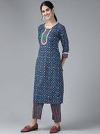 Yufta Women Blue & White Printed Pure Cotton Kurta with Palazzo & With Dupatta