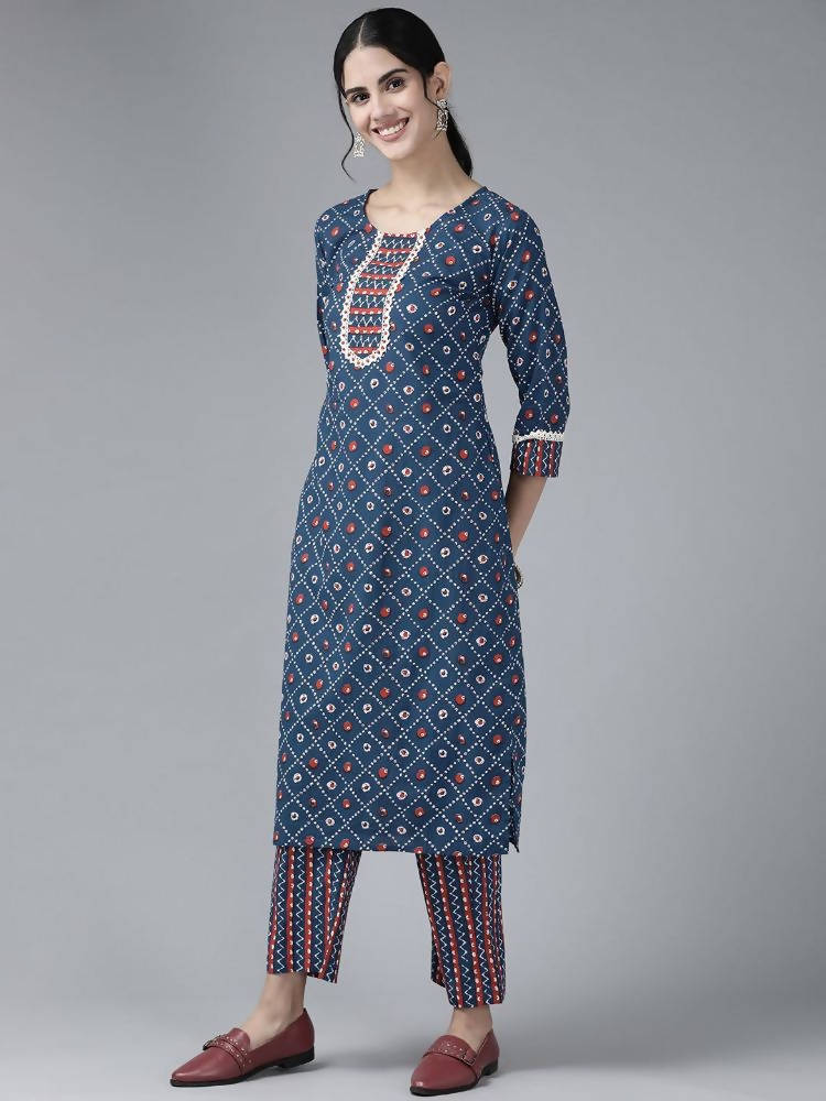 Yufta Women Blue & White Printed Pure Cotton Kurta with Palazzo & With Dupatta