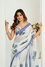 Vastranavya Blue Digital Printed Linen Ready To Wear Designer Saree with Unstitched Blouse - Distacart