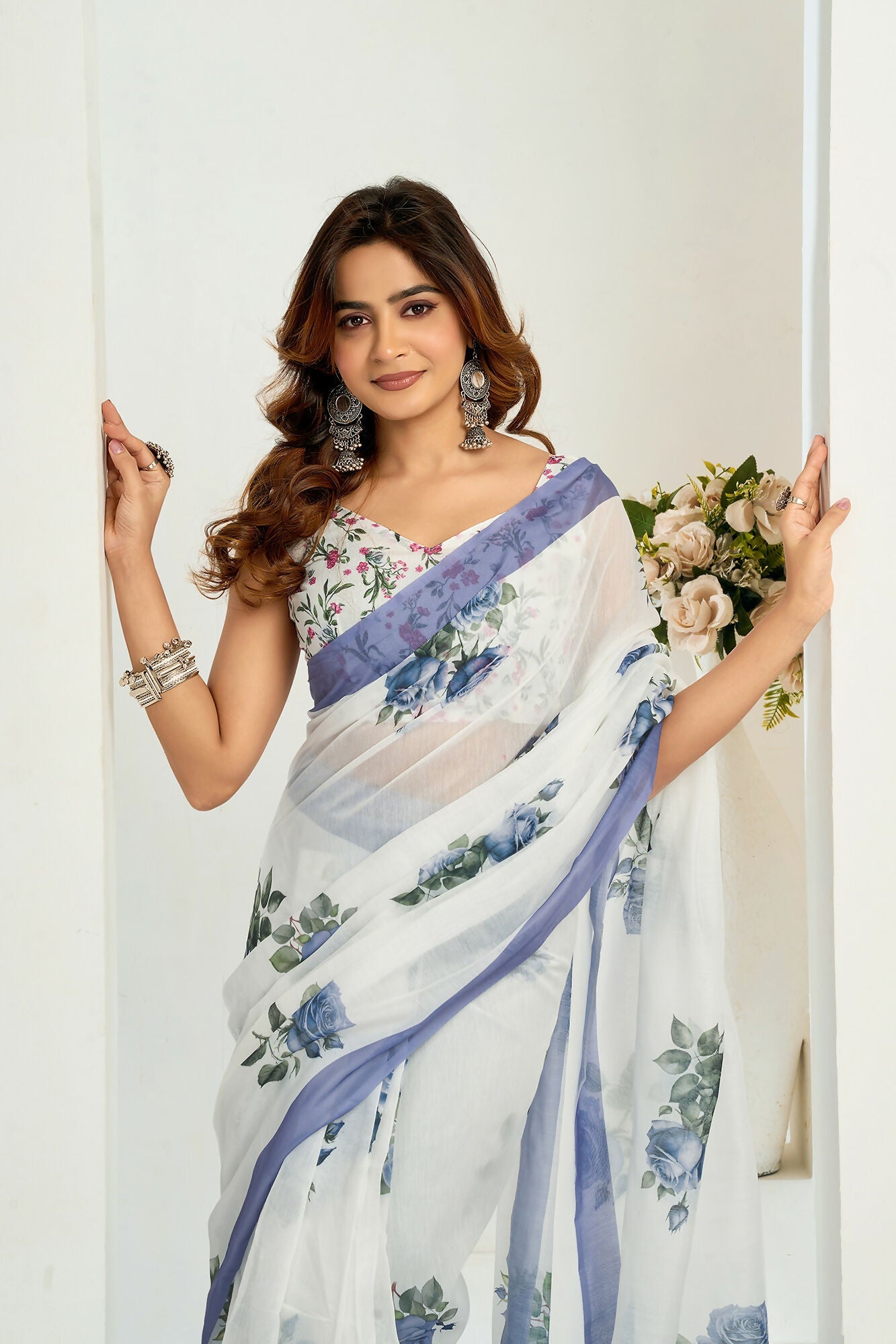 Vastranavya Blue Digital Printed Linen Ready To Wear Designer Saree with Unstitched Blouse - Distacart