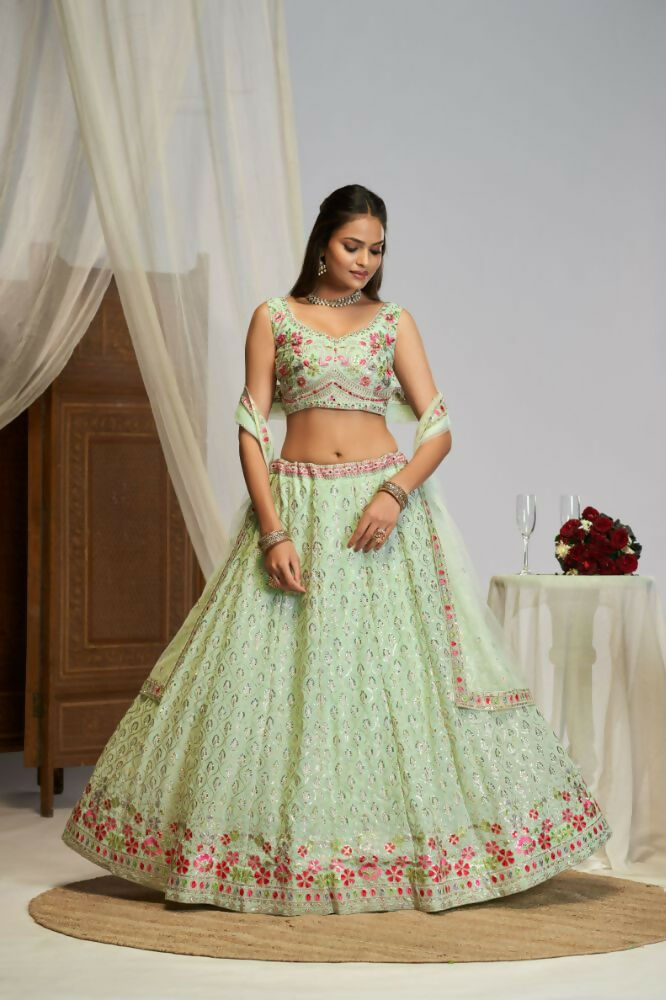 Pastel Green Georgette Thread Embroidery Work Lehenga Choli For Women - Jihu Culture