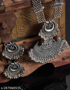 Tehzeeb Creations Women's Bahubali Oxidised Necklace Set With White Pearl
