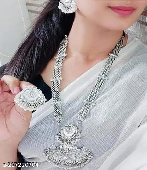 Tehzeeb Creations Women's Bahubali Oxidised Necklace Set With White Pearl