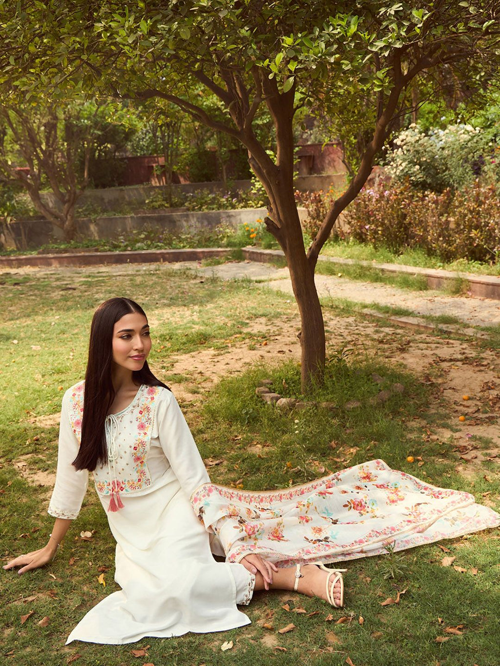 Indo Era White Floral Yoke Design Tie-Up Neck Straight Kurta With Trousers & Dupatta - Distacart