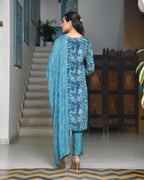 Vaasva Women's Teal Crepe Embroidered Suit Set