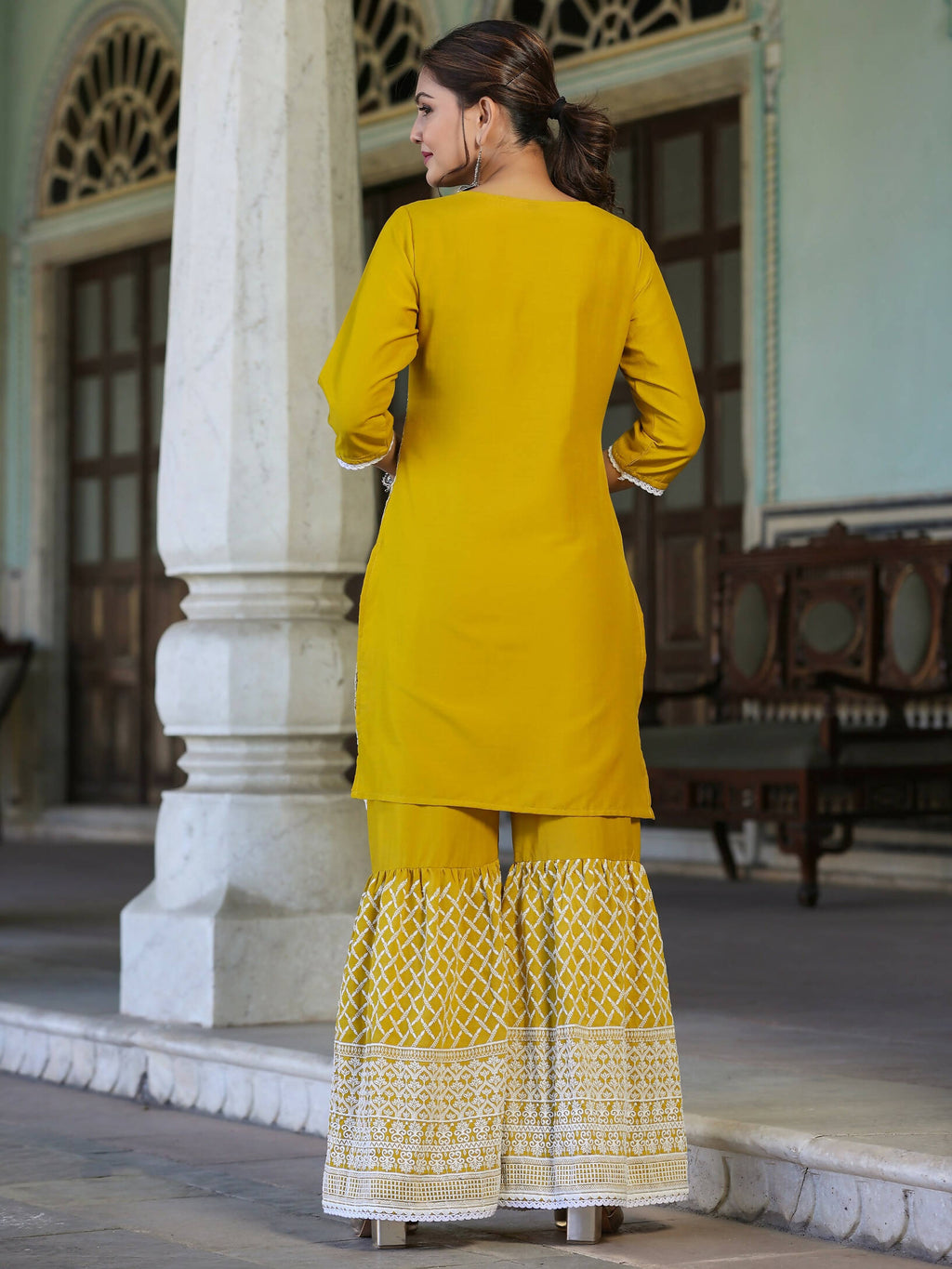 Juniper Women's Mustard Chinnon Embroidered Kurta Garara Set - Distacart