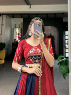 Vastranavya Navaratri Special Rayon with Printed Patch With Gota Patti And Paper Mirror Work And Cowrie (Kodi) Lace Touch Up Lehenga with Stitched Blouse - Navy Blue