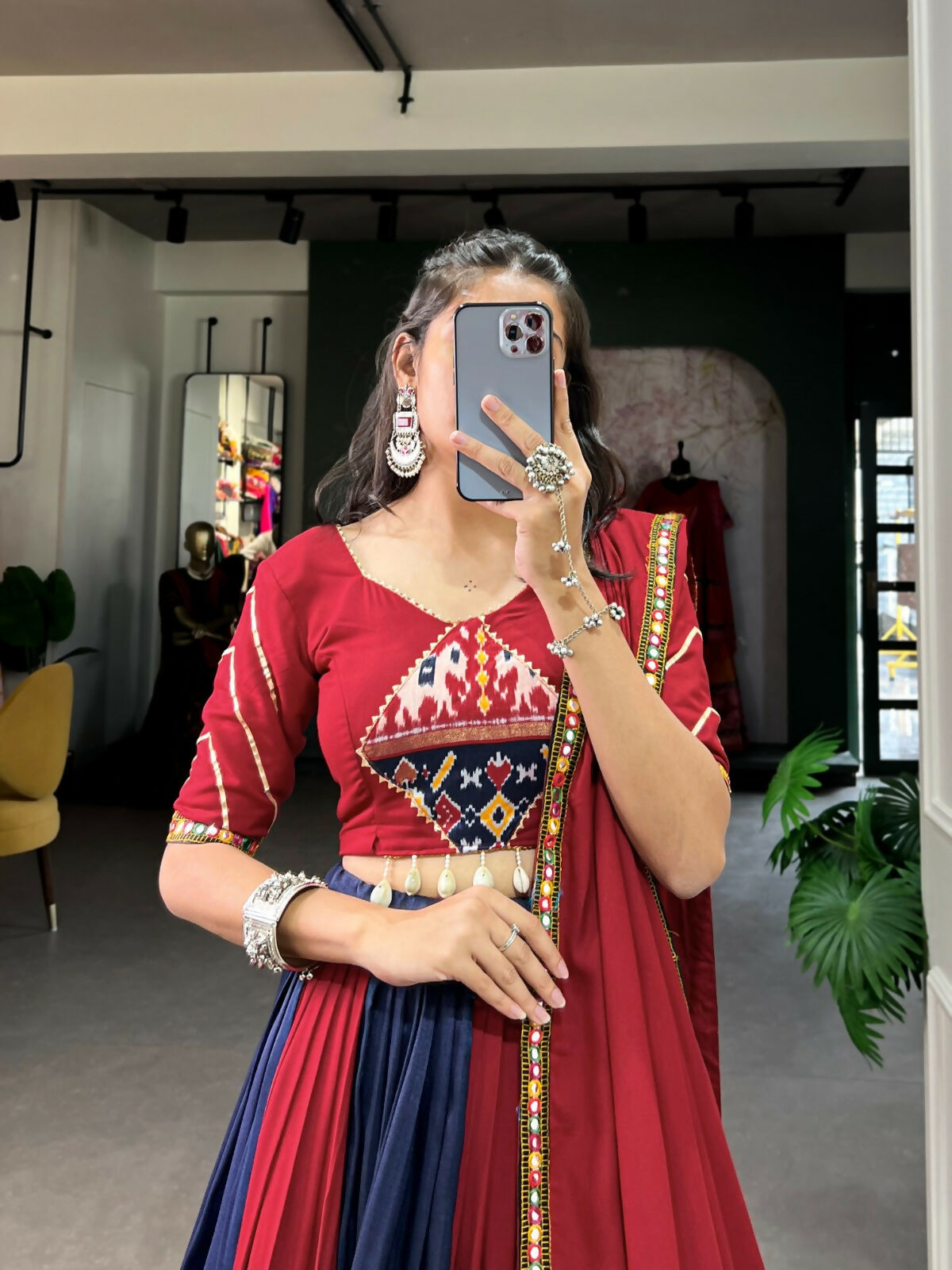 Vastranavya Navaratri Special Rayon with Printed Patch With Gota Patti And Paper Mirror Work And Cowrie (Kodi) Lace Touch Up Lehenga with Stitched Blouse - Navy Blue