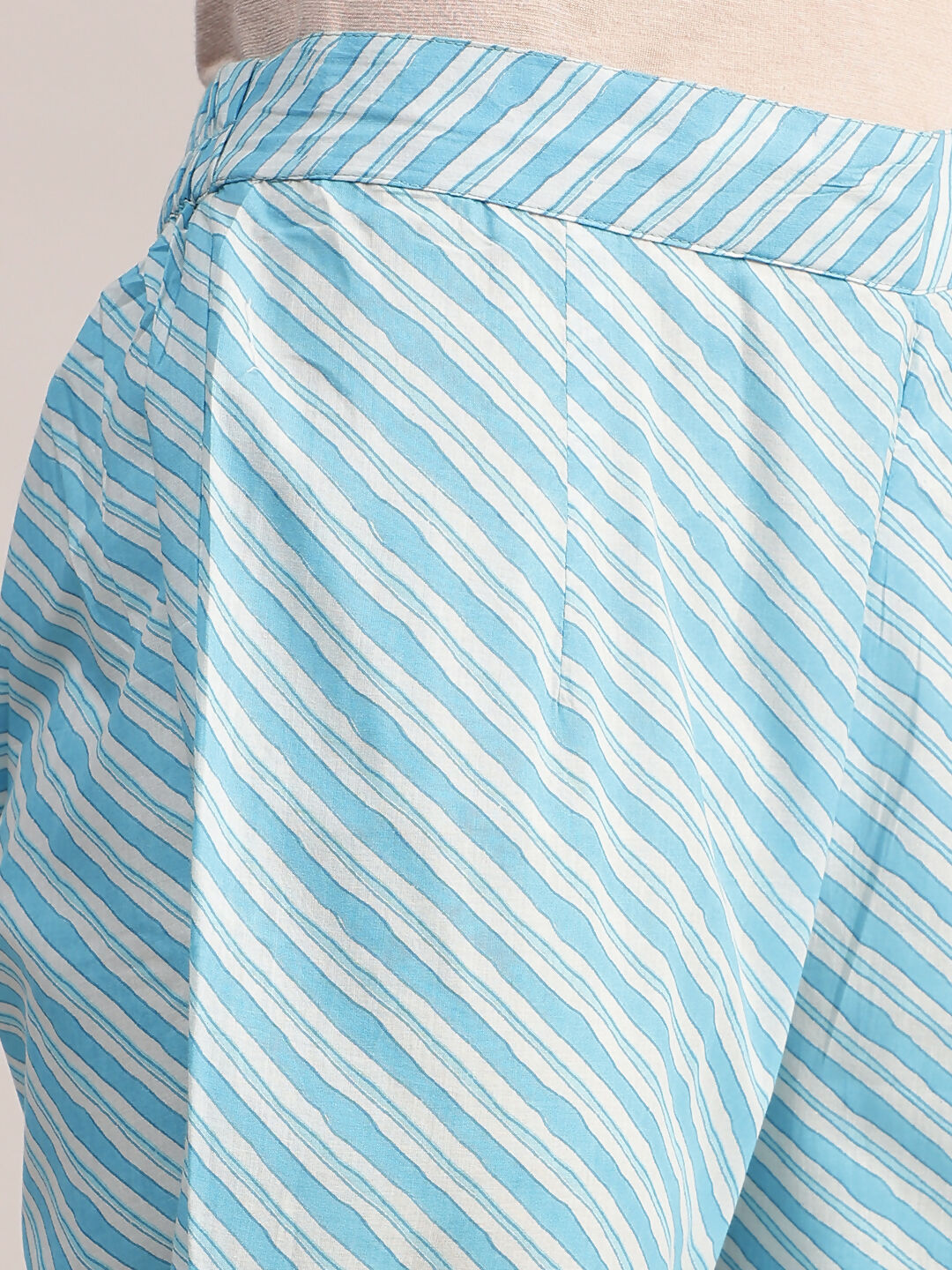 Aavyora Women's Sky Blue Floral Printed A-Line Kurta with Pintucks, Striped Pants & Dupatta Set