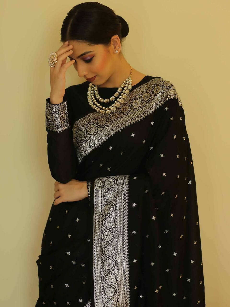 DEIANA'S Beautiful Designer Golden zari Soft Lichi Silk Saree - Black