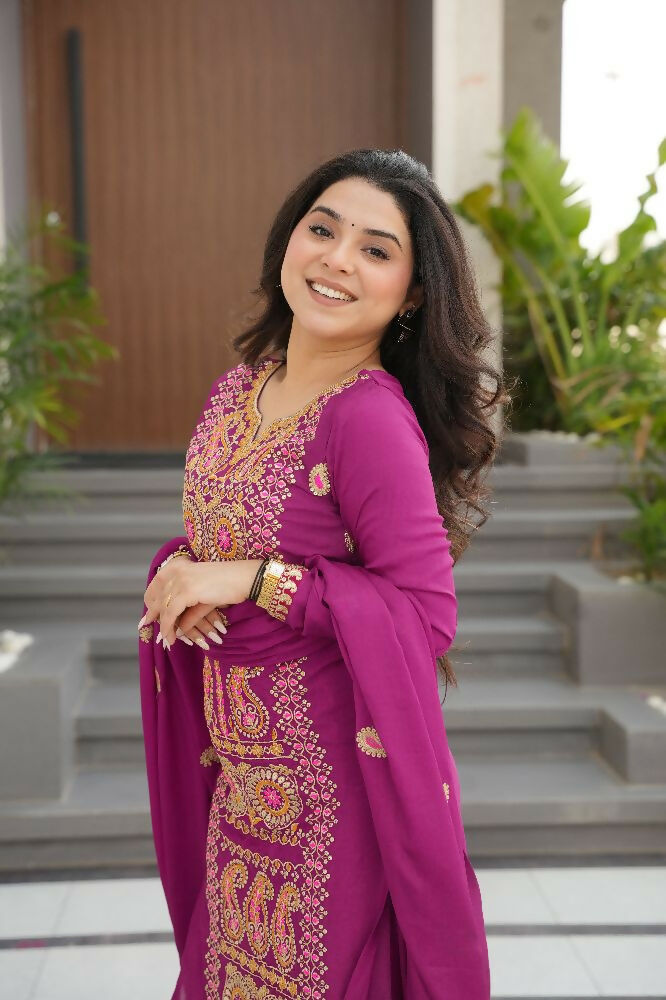 Joban Fashion Magenta Kurta Set Silk Sequins , Zari, Coding & Thread Embroidered work - Distacart
