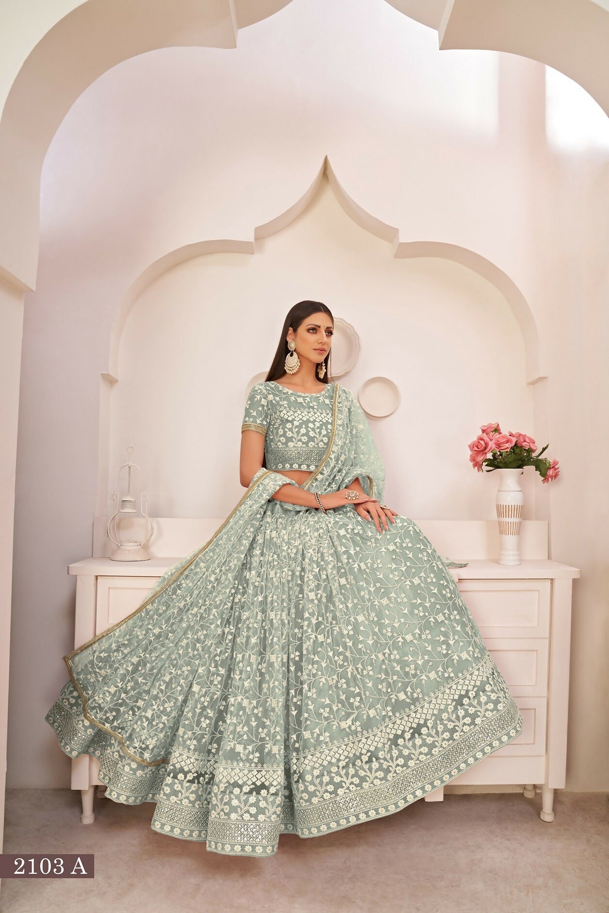 Eilara Women'S Eilara Women'S Green Butterfly Net Embroidered Thread Work Party Wear Lehenga Choli