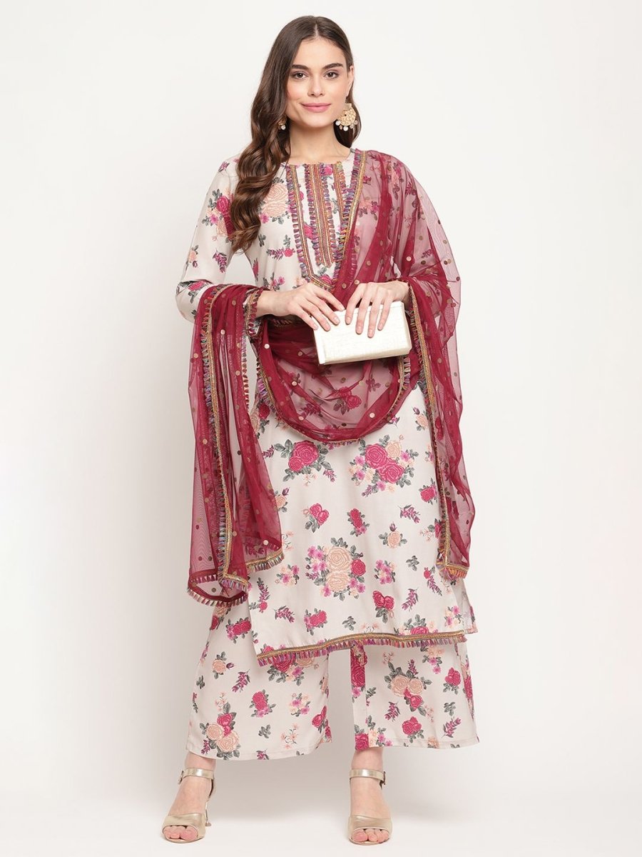 Ahalyaa Women Beige Floral Printed Regular Gotta Patti Kurta with Palazzos & With Dupatta