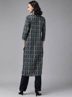 Yufta Teal Blue & Black Printed Pure Cotton Kurta with Palazzo