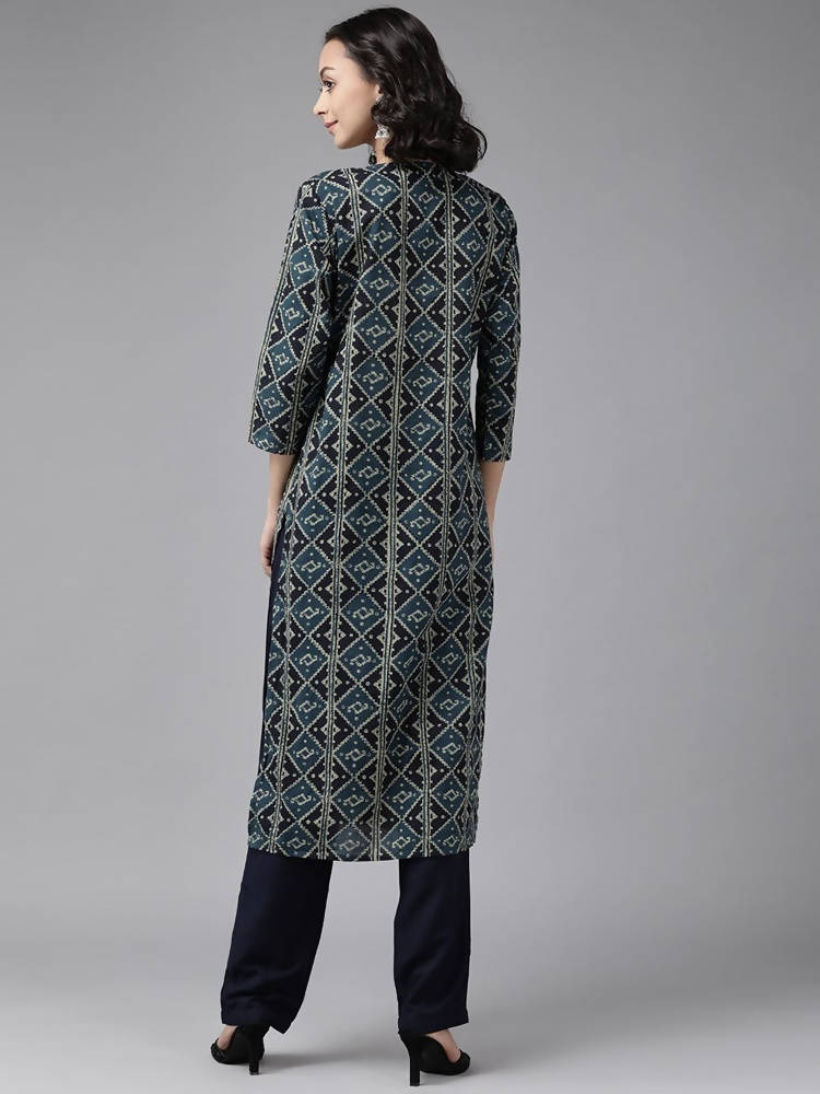 Yufta Teal Blue & Black Printed Pure Cotton Kurta with Palazzo
