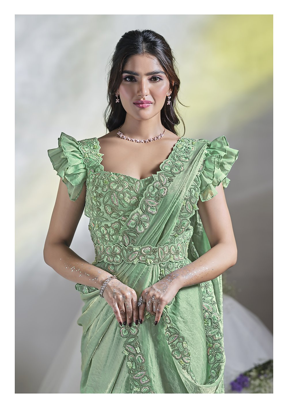 Sea Green Two Tone Satin Silk Designer Ready to wear saree with stithced Blouse - Mohmanthan Aura