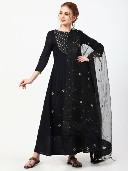 Cheera Embellished Party Wear Anarkali Dress with Dupatta - Black