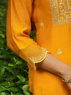 Janasya Mustard Silk Blend Embroidered Kurta,Bottom & Dupatta