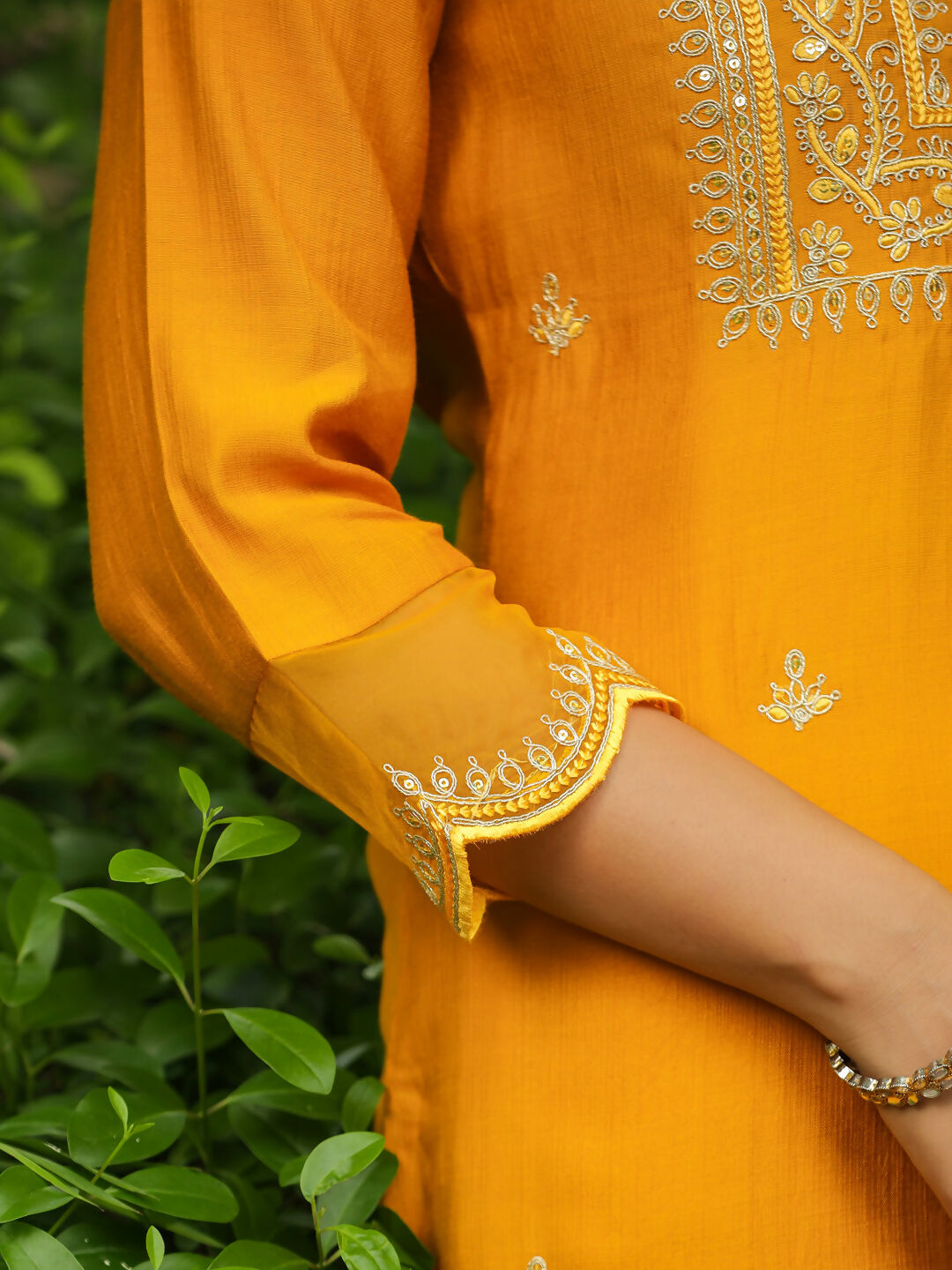 Janasya Mustard Silk Blend Embroidered Kurta,Bottom & Dupatta