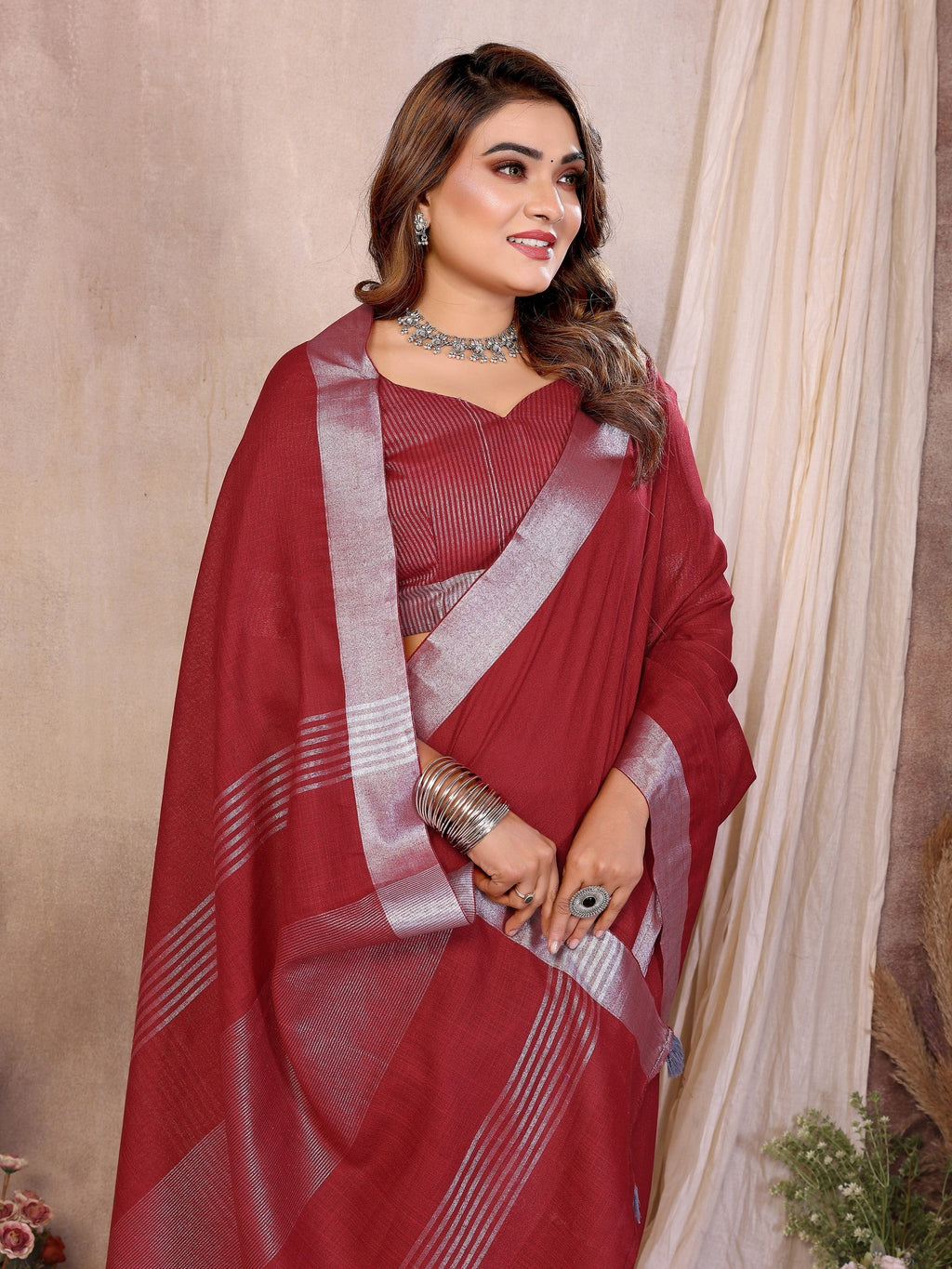 Anaita Red Weaving Linen Cotton Saree With Blouse - Distacart