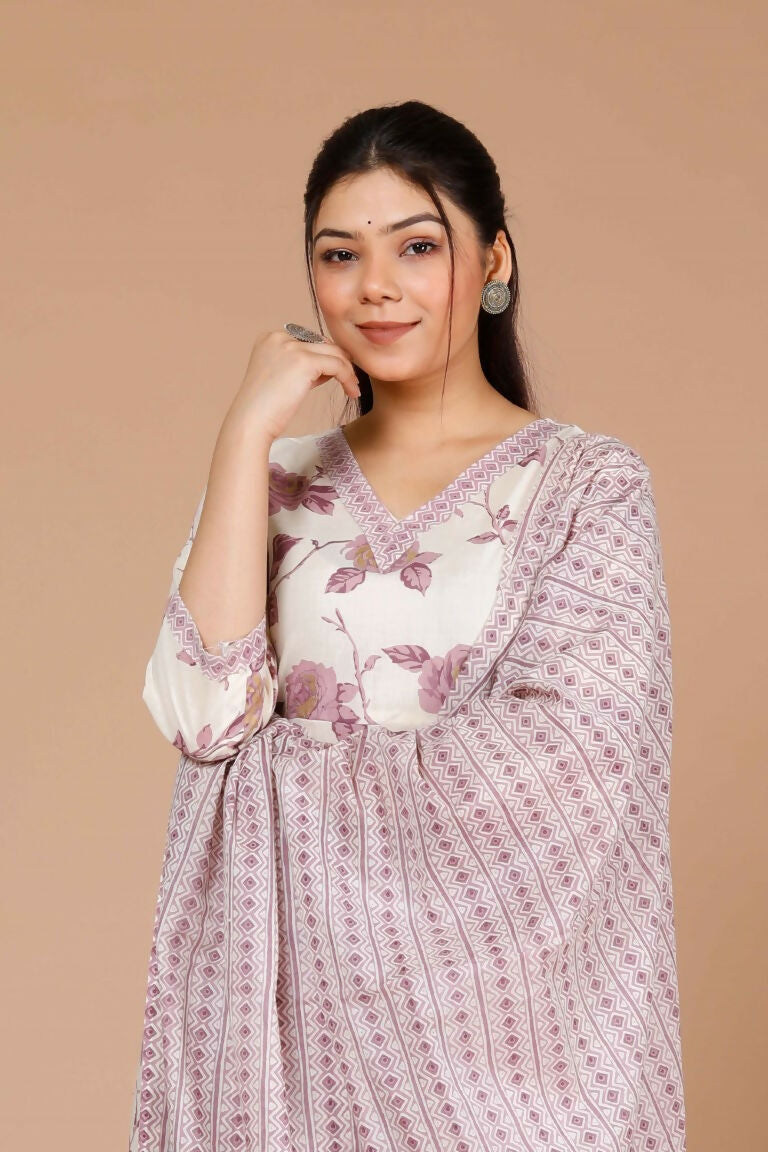 Miravan Women's Pink Floral Print Anarkali Kurta With Palazzo & Dupatta Set