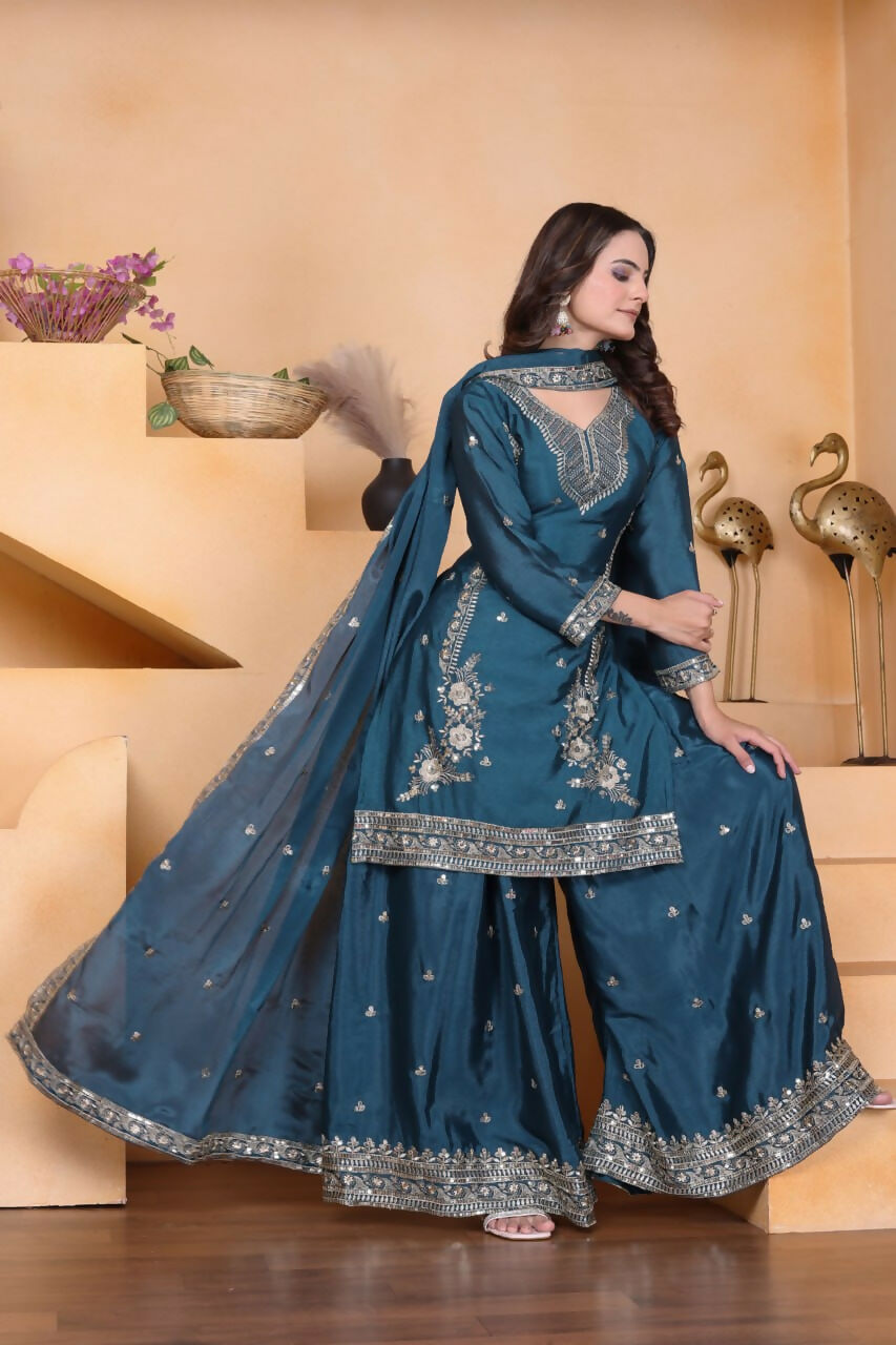 Joban Fashion Teal Crepe Embroidered Sharara Set - Distacart