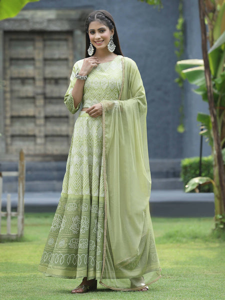 Juniper Green Santoon Slub Festive Foil Print Straight Lehnga Choli Set For Women