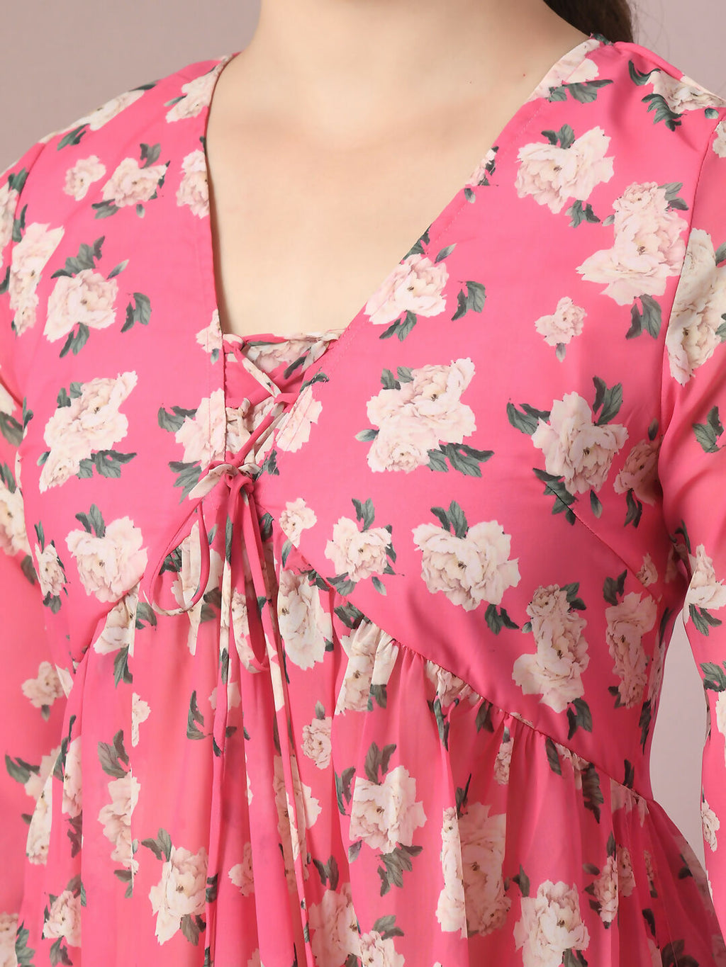 Myshka Women's Pink Printed Georgette A-Line Nyra-cut Kurta